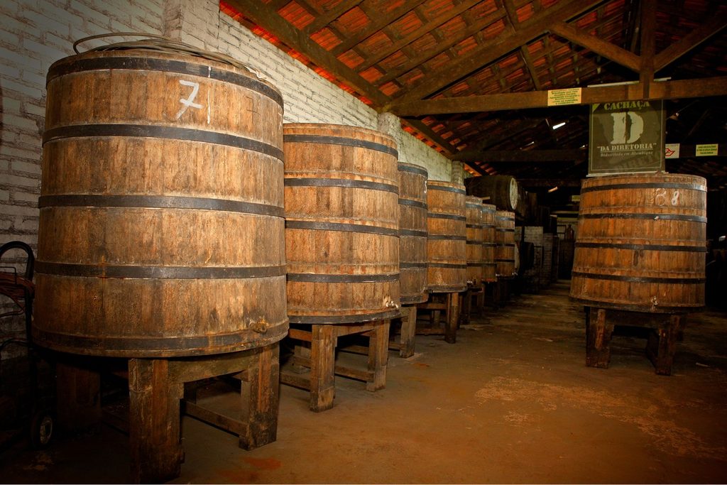 Grandes barris de madeira enfileirados num galpão de alambique de cachaça artesanal em São Pedro