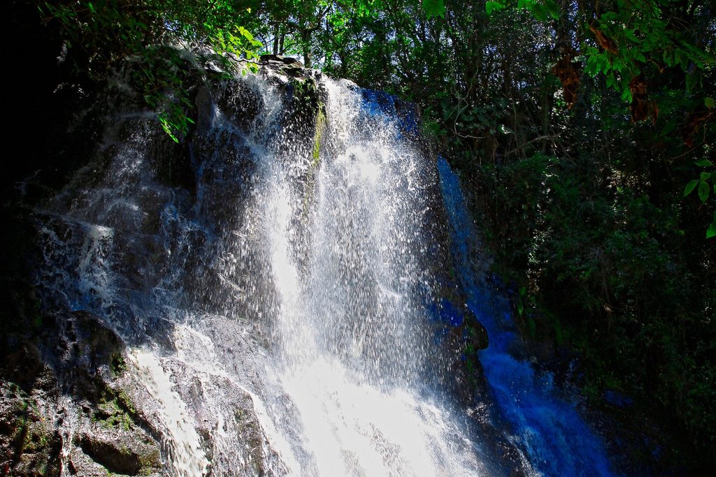 Cachoeira branca caindo sobre pedras escuras entre a mata, na Cascata Dorigon, uma das cachoeiras com estrutura de São Pedro