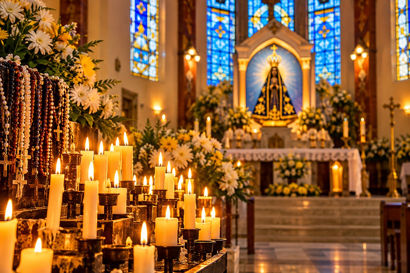 Ilustração de velas acesas, terços e flores diante de um altar com a imagem de Nossa Senhora Aparecida, num santuário com vitrais azuis