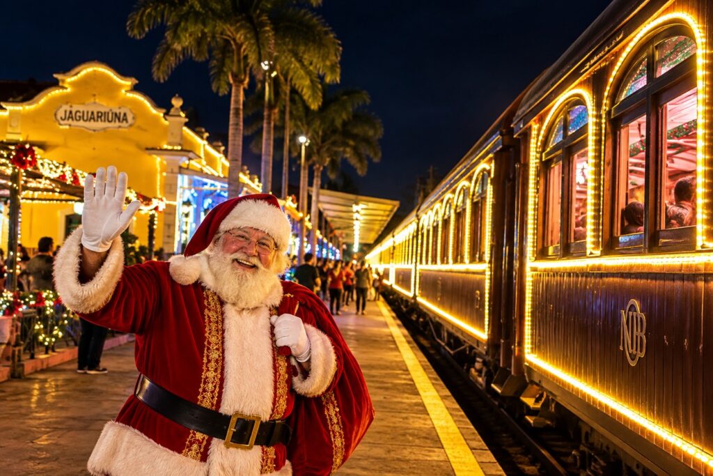 Ilustração de Papai Noel acenando na plataforma da estação de Jaguariúna, ao lado de vagões antigos iluminados com luzes de Natal à noite