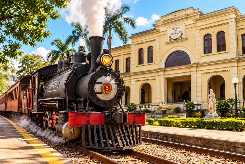 Ilustração da Maria Fumaça da Mooca soltando vapor diante do Museu da Imigração, prédio histórico amarelo com palmeiras