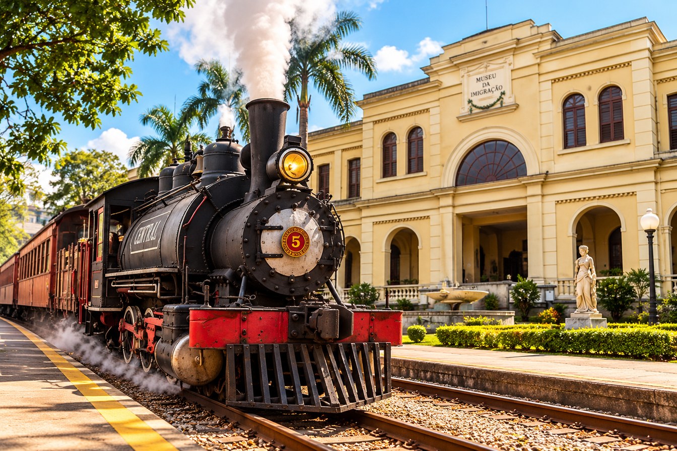 Ilustração da Maria Fumaça da Mooca soltando vapor diante do Museu da Imigração, prédio histórico amarelo com palmeiras