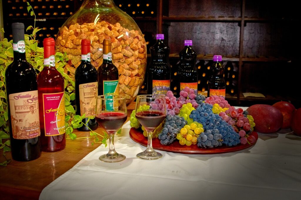 Garrafas de vinho artesanal, taças de vinho tinto e uma travessa de uvas coloridas sobre a mesa da Adega Família Ferragut, em Vinhedo